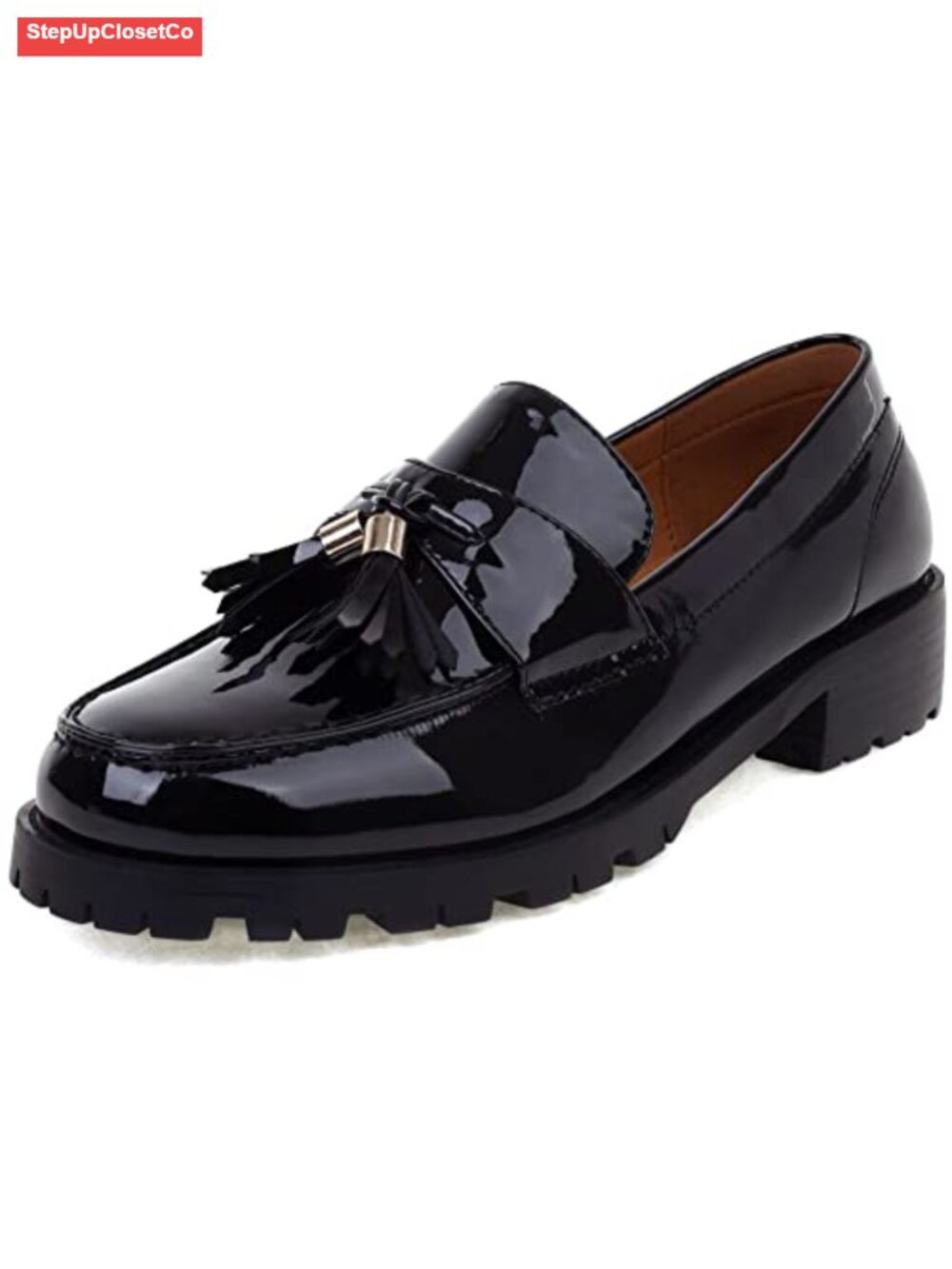 Patent Leather Tassel Lug Sole Penny Loafer Slip On Platform Work Shoes